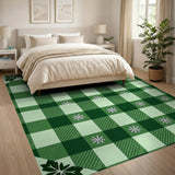 Festive Green Plaid Area Rug with Snowflakes Maple Leaves