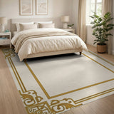 Gold and Silver Ornate Gold Border Beige Area Rug