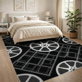 Geometric Modern Cinematic Film Reel Black White Area Rug