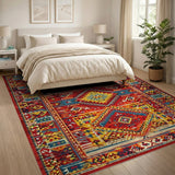 Vibrant Red Multi-Color Geometric Southwestern Rug
