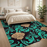 Teal Floral Damask Area Rug with Beige Dome Motifs