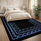 Intricate Blue Teal Geometric Border Rug