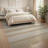 Beige and Neutral Beige Striped Woven Fringe Area Rug