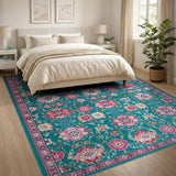Teal Pink Persian Floral Area Rug
