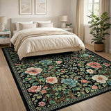Lush Multi-Color Floral Tree on Black Area Rug