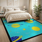 Teal Space Planets Stars Kids Cartoon Rug