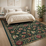 Traditional Persian Floral Area Rug in Deep Green Red