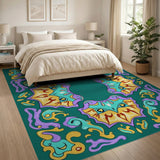 Teal-Centered Vibrant Swirl Abstract Area Rug