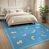 Whimsical White Cats Stars Moons Blue Area Rug