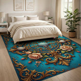 Teal Gold Baroque Floral Seashell Rug