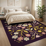 Whimsical Purple Floral Bird Rug with Hearts