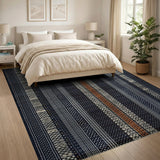 Navy Geometric Striped Area Rug with Rust Accent