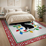 Festive Black Cat with Colorful Christmas Lights Rug