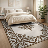 Ornate Brown Floral Border Cream Area Rug