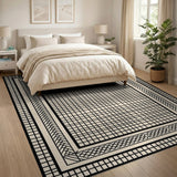 Beige Grid Geometric Area Rug with Black Woven Borders