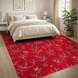 Red Fern Leaf Wildflower Line Art Area Rug