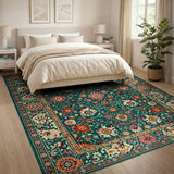 Multi-color and Patterns Teal Persian Floral Area Rug with Vibrant Blooms