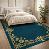 Navy Blue Gold Ornate Floral Border Rug