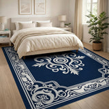 Elegant Navy Blue Ornate Damask Area Rug