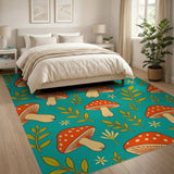 Whimsical Red Mushroom Teal Area Rug