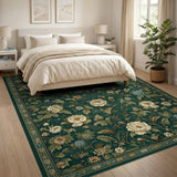 Washable Vintage Emerald Green Botanical Floral Area Rug - Low Pile & Non-Slip