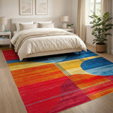 Vibrant Abstract Geometric Area Rug in Red Orange Blue