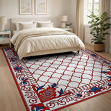 Red Trellis Persian Area Rug with Blue Floral Borders