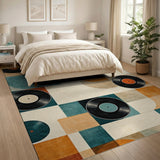 ODIKA Mid-Century Modern Vinyl Record Washable Area Rug - Retro Geometric Non-Slip Low Pile