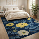 Navy Blue Floral Area Rug with Yellow Peonies Teal Leaves