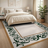Cream Area Rug with Ornate Green Floral Border