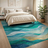 Teal Blue Layered Ocean Waves Abstract Rug