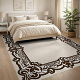 Ornate Floral Scroll Border Beige Area Rug