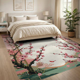 Pink Cherry Blossom Area Rug with Birds and Lattice