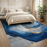 Abstract Navy Blue Swirl Area Rug with Gold Accents