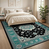 Teal Floral Persian Area Rug on Black