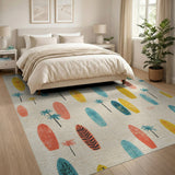 ODIKA Retro Surfboard and Palm Tree Washable Area Rug - Low Pile Non-Slip Coastal Decor