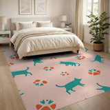 Playful Teal Cats Orange Paw Prints Pink Rug