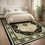ODIKA Washable Black & Gold Ornate Traditional Area Rug, Low Pile Non-Slip