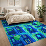 Blue Pixel Cityscape Geometric Area Rug