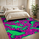 ODIKA Neon Dinosaur Washable Rug - Pink & Green Pop Art Low Pile Area Rug