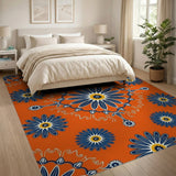 Vibrant Orange Navy Daisy Floral Area Rug