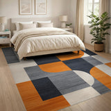 Grey Geometric Modern Area Rug with Orange Accents