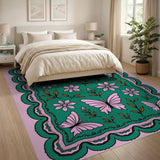 Whimsical Pink Butterflies Floral Green Rug