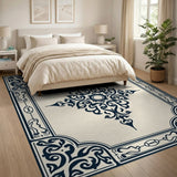 Navy Ornate Medallion Football Border Area Rug