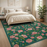 Emerald Green Pink Peony Floral Area Rug