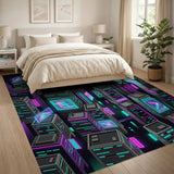 Cyberpunk Neon City Skyline Area Rug