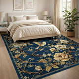Navy Peony and Songbirds Floral Area Rug