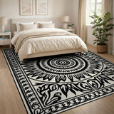 Ornate Sun Mandala Black White Area Rug