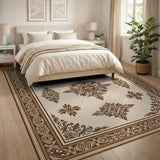 Ornate Beige Persian Area Rug with Brown Motifs