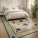 Teal Medallion Persian Area Rug with Gold Borders